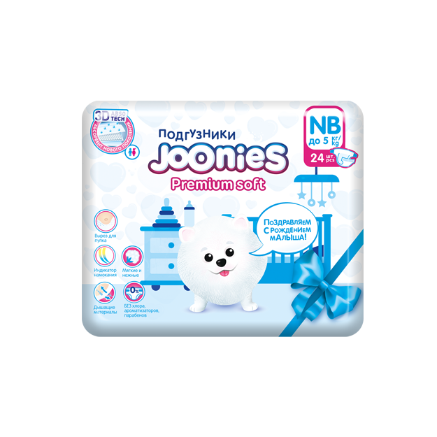 Подгузники Joonies Premium Soft NB (0-5кг) 24шт