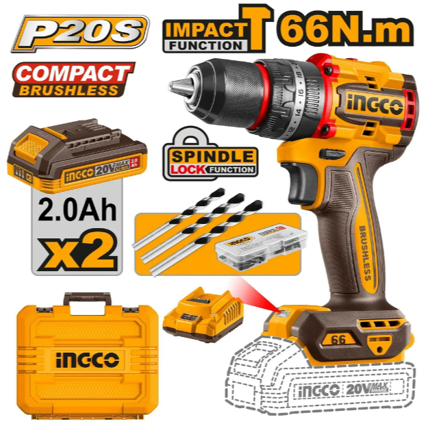 Simsiz zarba haydovchi Ingco CIDLI20668 Industrial 20B BL 66Hm 2xAKB i ZU Keys
