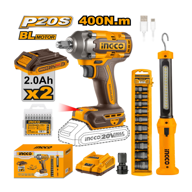 Комбинированный ударный гайковерт (фонарь) INGCO COSLI23048