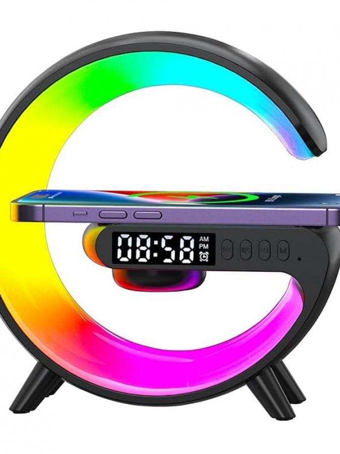 Беспроводная колонка, беспроводная зарядка, ночник RGB, FM радио, часы RGB 5in1