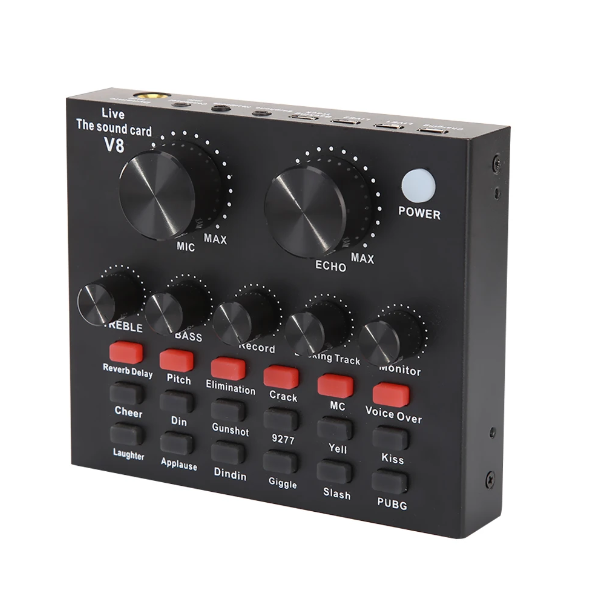 12 ta Bluetooth tovush effektiga ega tashqi ovoz kartasi Mixer V8