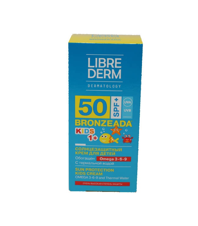 Librederm Bronzeada Omega 3-6-9 va termal suvga boyitilgan SPF50+ bolalar uchun quyoshdan himoyalovchi krem ,150 ml