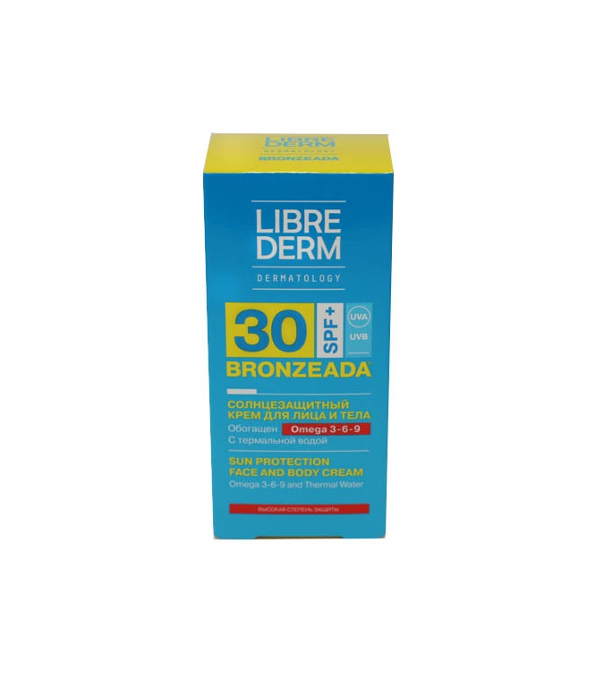 Librederm Bronzeada quyoshdan himoyalovchi krem Omega 3-6-9 va termal suvga boyitilgan SPF30+, 150 ml