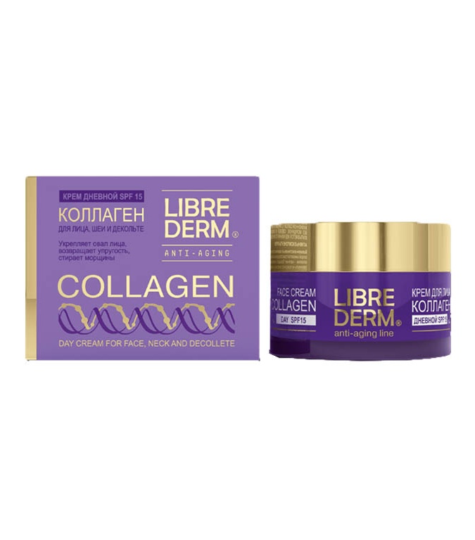 Librederm Kollagen yuzning yorqinligi va tiniq rangini qayta tiklash uchun SPF-15 ga boyitilgan kunduzgi krem, 50 ml