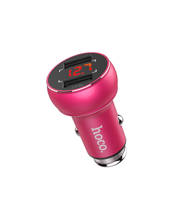 Hoco Z22 Double USB Port Car Charger with Digital Display, Violet