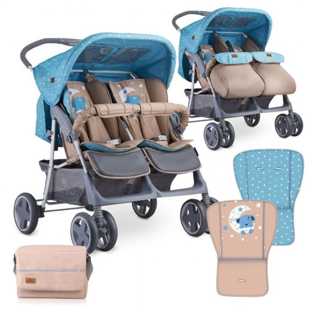 Egizaklar uchun aravacha Lorelli Twin + mama bag Blue-Beige Moon Bear
