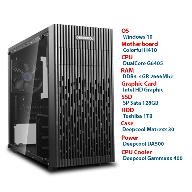Dual Core G6405, H410M, DDR4 4GB, Intel HD Graphic, SSD 128GB, HDD 1TB