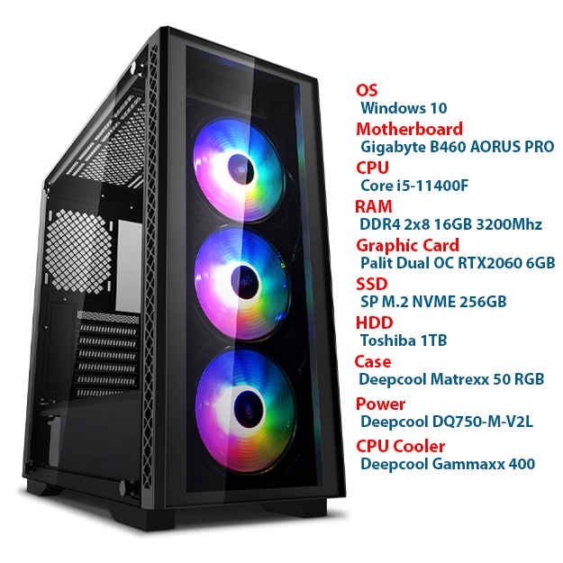 Intel Core i5-11400F 2.6Ghz, B460 Aorus Pro, SSD 256GB, RTX 2060 6GB, 16GB DDR4, HDD 1TB