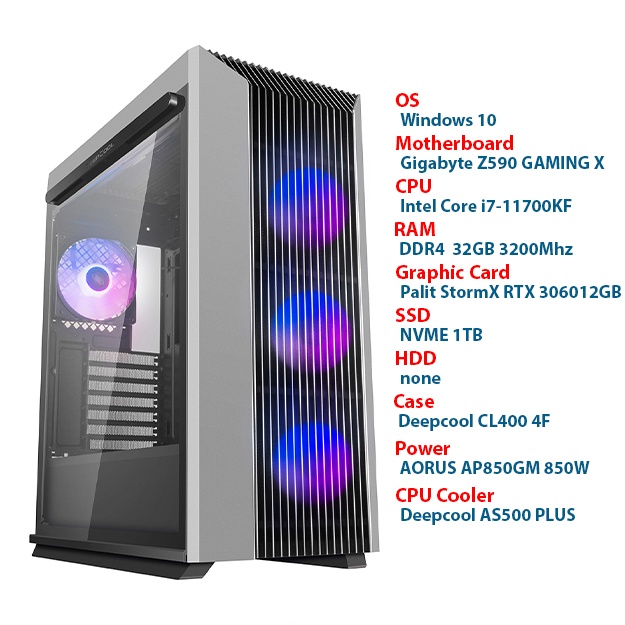 Intel Core i7-11700KF, Gigabyte Z590 Gaming, 32GB DDR4 3200Mhz, RTX 3060 12GB, 1TB NVME, Win 10