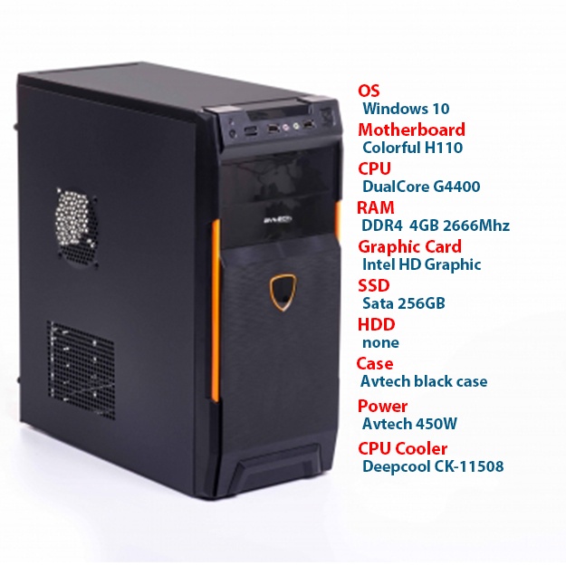 Ofis uchun Dual Core G4400, MB H110, 4GB DDR4, 256GB SSD, Win 10