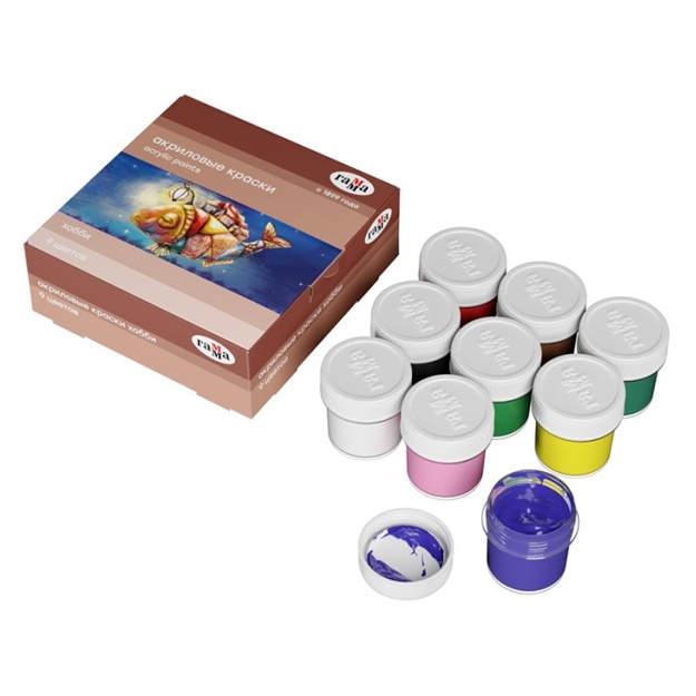 Akril dekorativ bo'yoqlari Gamma "Hobbi", 9 ta rang, 20ml