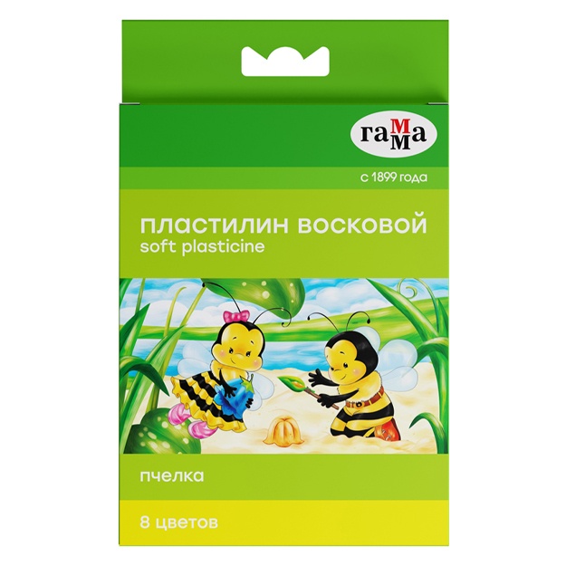 Plastilin Gamma Pchelka, 8 rang, mum, stask bilan, karton, evro ilgich