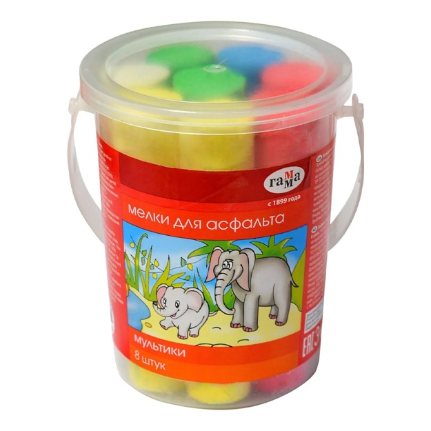 Asfalt uchun rangli qalamlar Gamma «Multfilmlar», rangli, 8 dona, 5 rang, yumaloq, plastik chelak