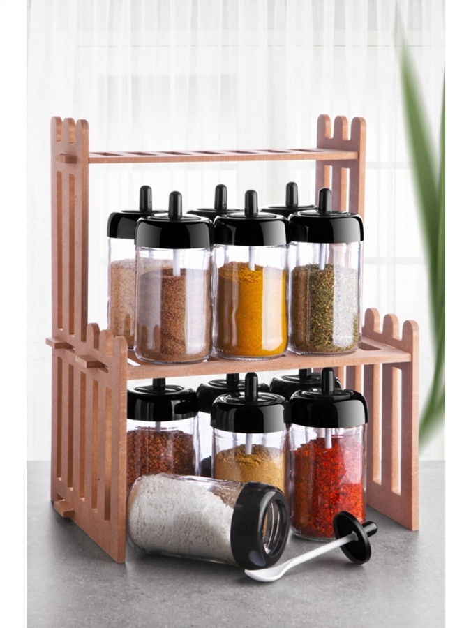 Qoshiq bilan ziravorlar uchun to‘plam - 12 dona. Yog‘och stend. Kitchen Life Mdf MCh08462