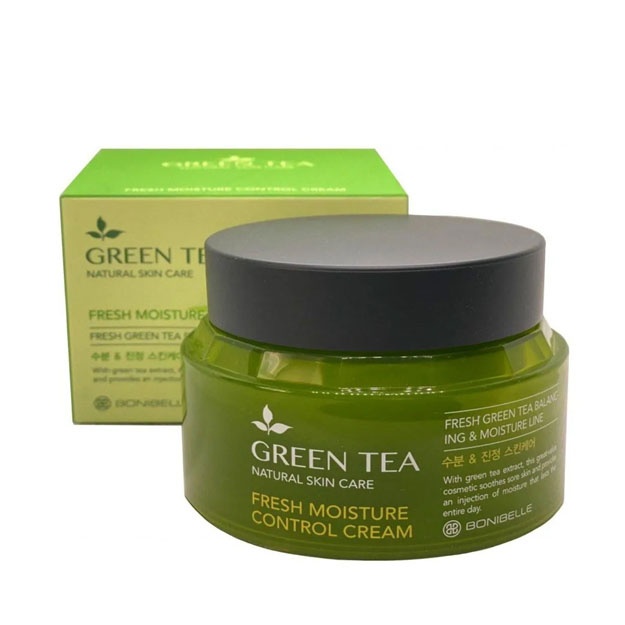Krem dlya litsa uvlajnyayuschiy, uspokaivayuschiy, protiv morschin s ekstraktom zelenogo chaya Enough Bonibelle Green Tea Fresh Moisture Control Cream, 80 ml