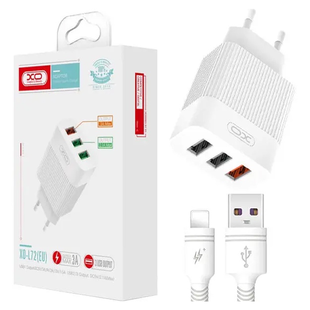 Tez zaryadlash qurilmasi XO L72 QC3.0 3USB 3A + microUSB kabeli Oq