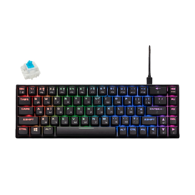 O‘yin klaviaturasi 2E Gaming KG370 RGB 68key Gateron Blue Switch USB Ukr Qora