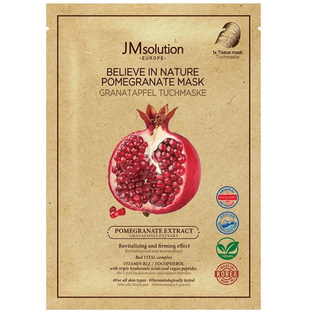 Anor ekstrakti bilan tonlovchi vegan choyshab niqobi JM Solution Europe Believe In Nature Pomegranate Mask, 1d