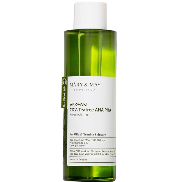 Muammoli teri uchun tinchlantiruvchi tonik Mary & May Vegan Cica Tea Tree AHA PHA Blemish Toner 200ml