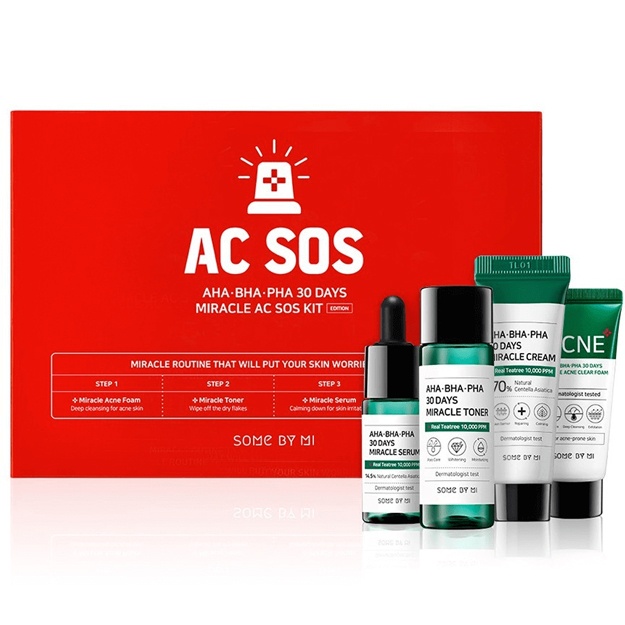 Muammoli teri uchun kislotalar bilan miniatyuralar to‘plami Some By Mi AHA-BHA-PHA 30 Days Miracle AC SOS Kit