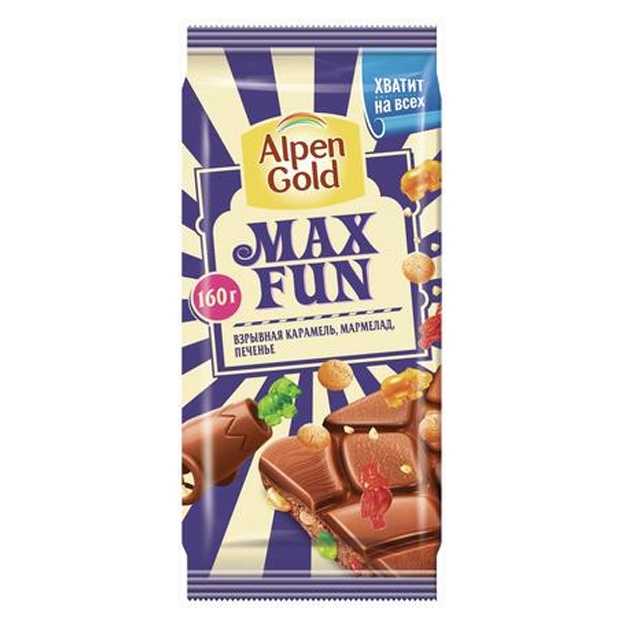 Shokolad Alpen Gold MaxFun portlovchi karamel, marmelad, pechene 160g