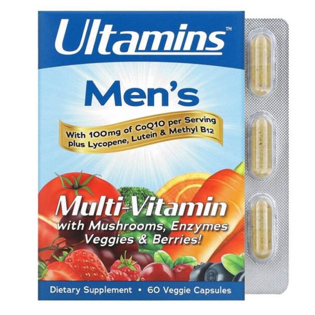 Koenzim Q10 qo‘ziqorinlari, fermentlar, sabzavotlar va rezavorlar, 60 vegetarian kapsulalari bilan erkaklar uchun multivitamin Ultamins