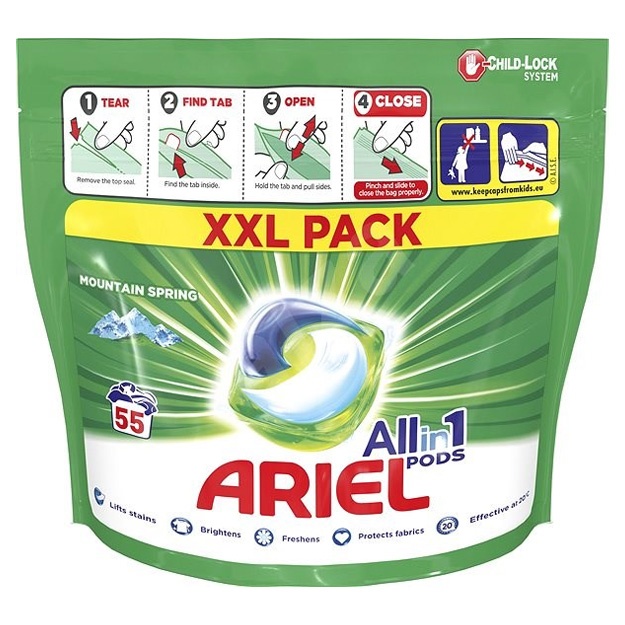 Kir yuvish uchun kapsulalar Ariel Pods All in One Mountain Spring 55dona