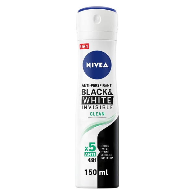 Ayollar uchun NIVEA antiperspirant spreyi, qora va oq, ko‘rinmas himoya, 150 m
