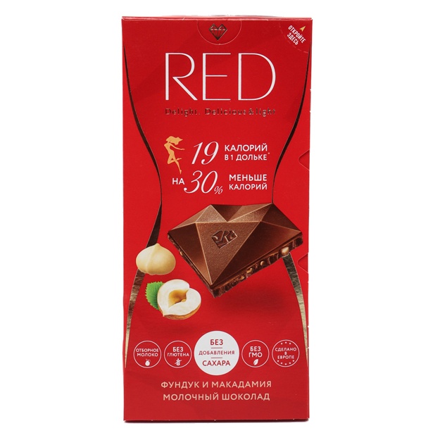 Findik va makadamiya bilan kam kaloriyali sutli shokolad Red delight 85 g