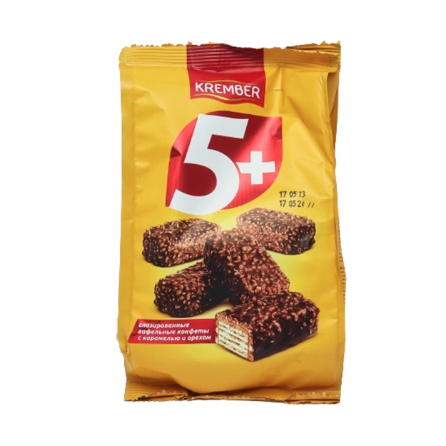 Gofretli shakarlamalar Krember 5+, sirlangan, karamel va yong‘oq bilan, 200 g