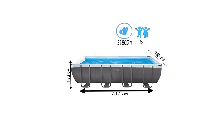 Ramka hovuzi Ultra XTR Ramka 732x366x132 sm, 31805 l, 7900 l narvon, ayvon, Intex 26364 tagida