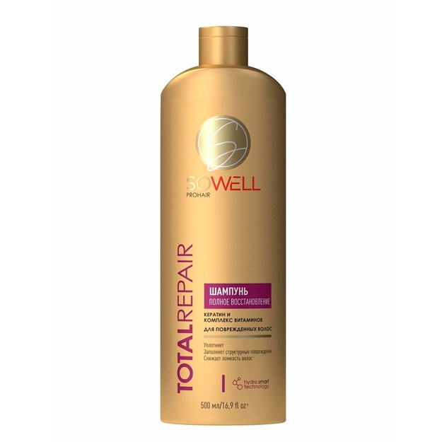 Shikastlangan va uchlari sinuuchi sochlar uchun tiklovchi shampun "SoWell" Total Repair (500 ml)