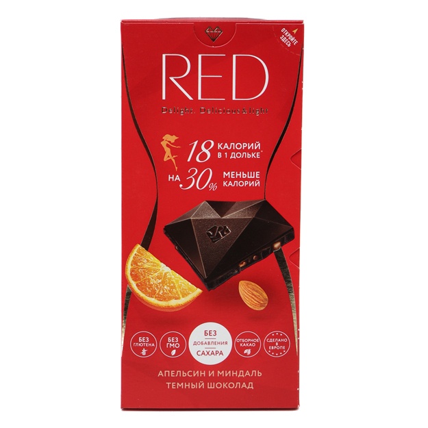 Apelsin va bodom qo‘shilgan kaloriya miqdori kamaytirilgan qora shokolad Red delight 85 g