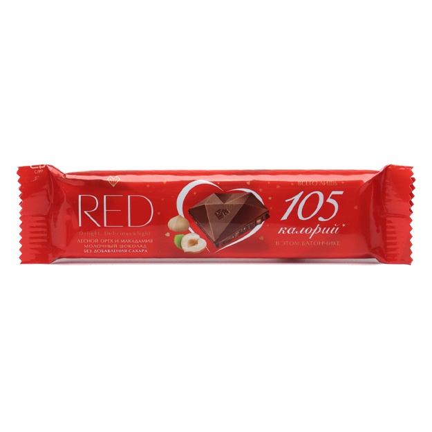 Findik va makadamiya bilan kam kaloriyali sutli shokolad Red delight 26 g