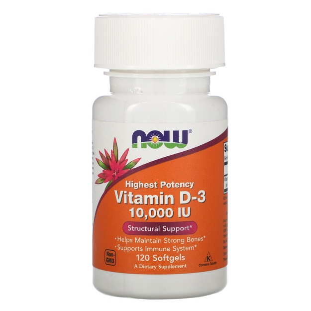 Vitamin D3, 10 000 ME, 120 yumshoq jelatin kapsulalari Now foods