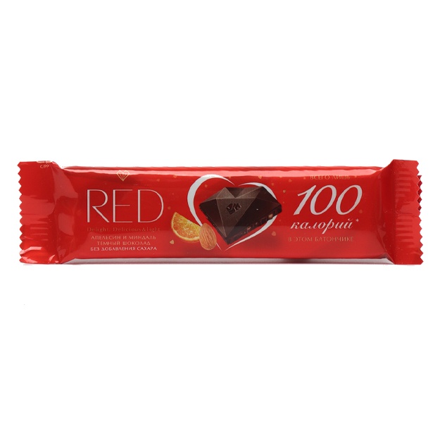 Apelsin va bodom qo‘shilgan kaloriya miqdori kamaytirilgan qora shokolad Red delight 26 g