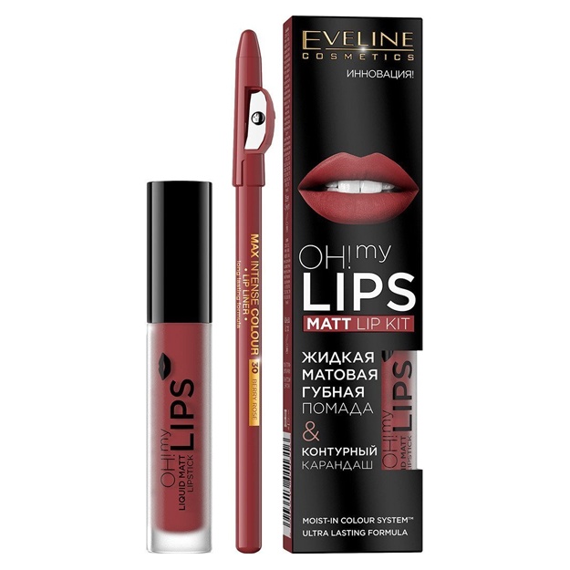 Матовая помада Eveline Cosmetics №10 Oh My Lips + Карандаш контурный для губ Max Intense Colour 30-Berry Rose
