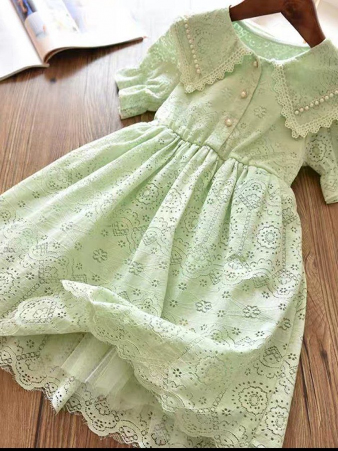 Gipur matoli va marvaridli qizlar uchun ko‘ylak ART 2587412 Yashil 160 sm bolaning bo'yi