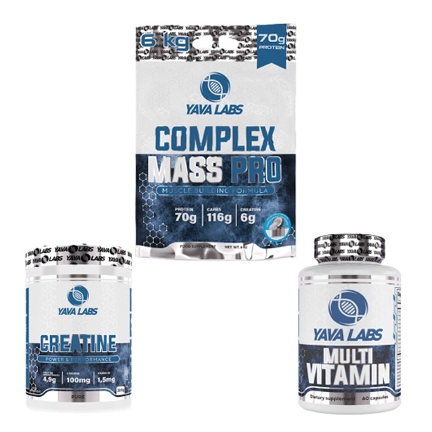 Комплект для наборa массы - Gainer (гейнер) 6kg Complex Mass Pro, Creatine (креатин) 300g 60 servings, Multivitamin (мультивитамин) 60 capsules